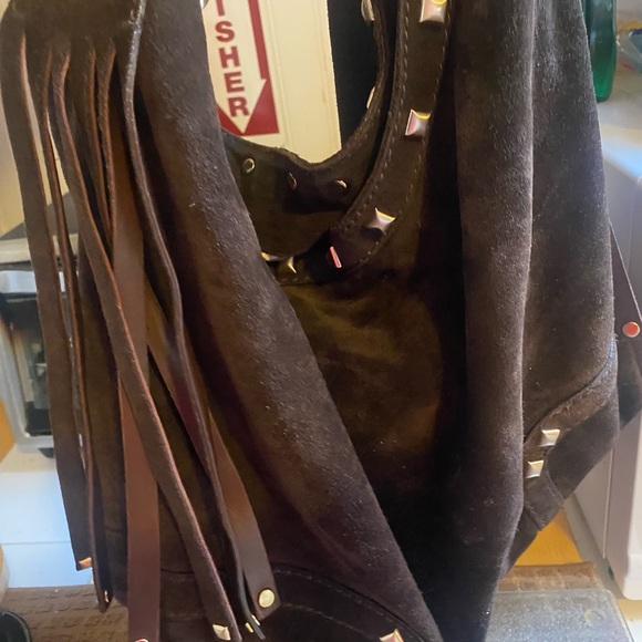 Brown suede hobo bag with tassels - Picture 4 of 14